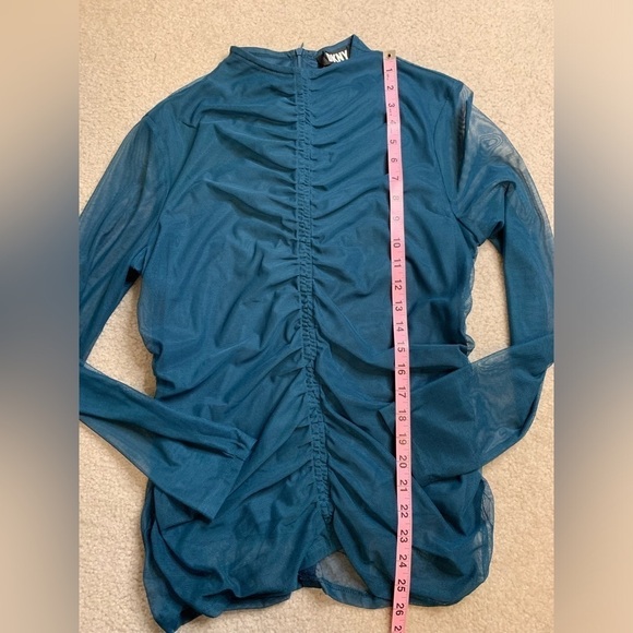 DKNY Women Long Sleeve Ruched Top Blouse Aqua blue green Medium - Picture 4 of 6
